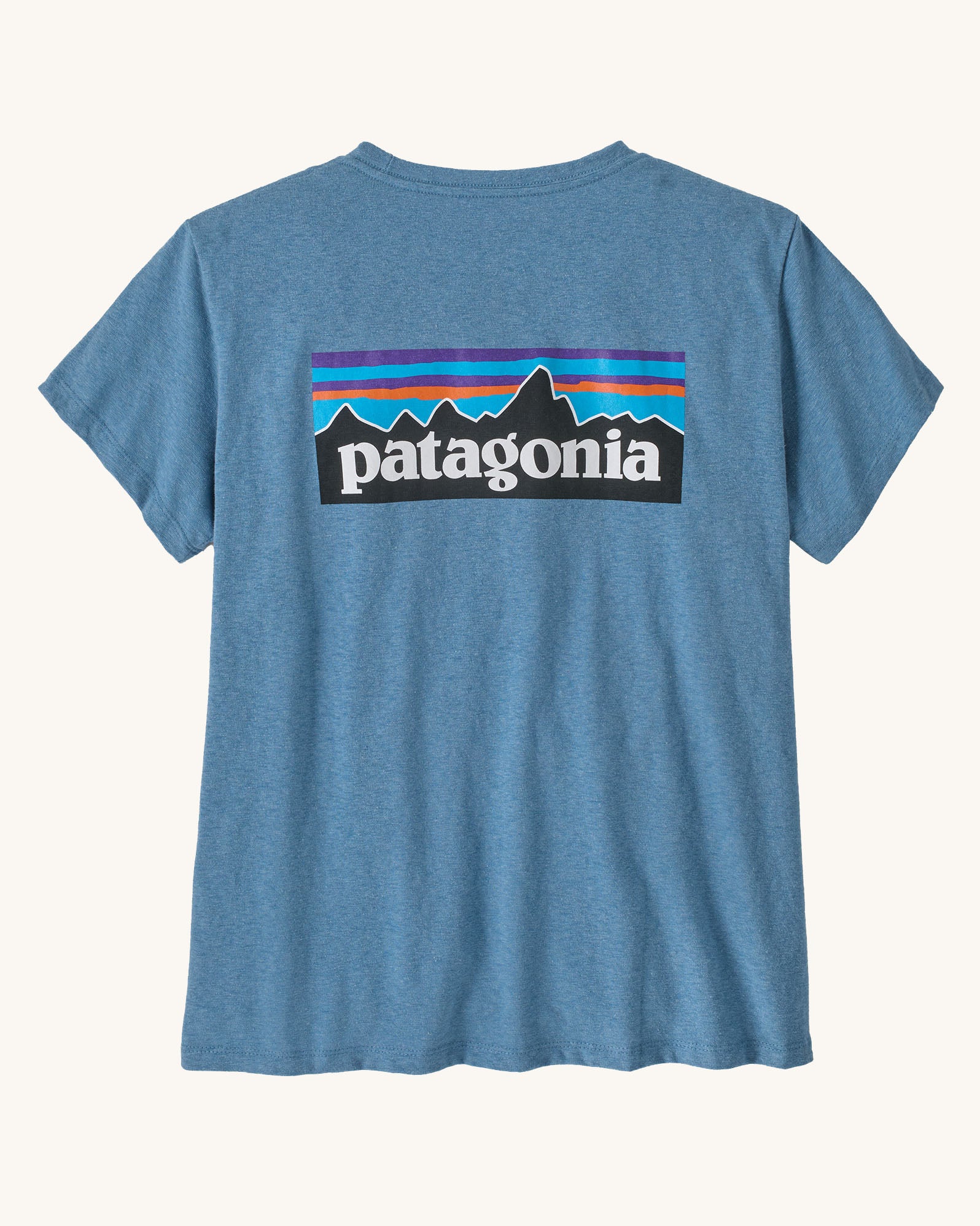 Patagonia women's responsibili short sleeve t-shirt in pale blue with large brand patch on upper back. T-shirt has a relaxed fit
