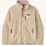 Patagonia Women's thick fleece jacket in a cream colour with light purple trim. Features a full length front zip, side pockets and a zipped chest pocket