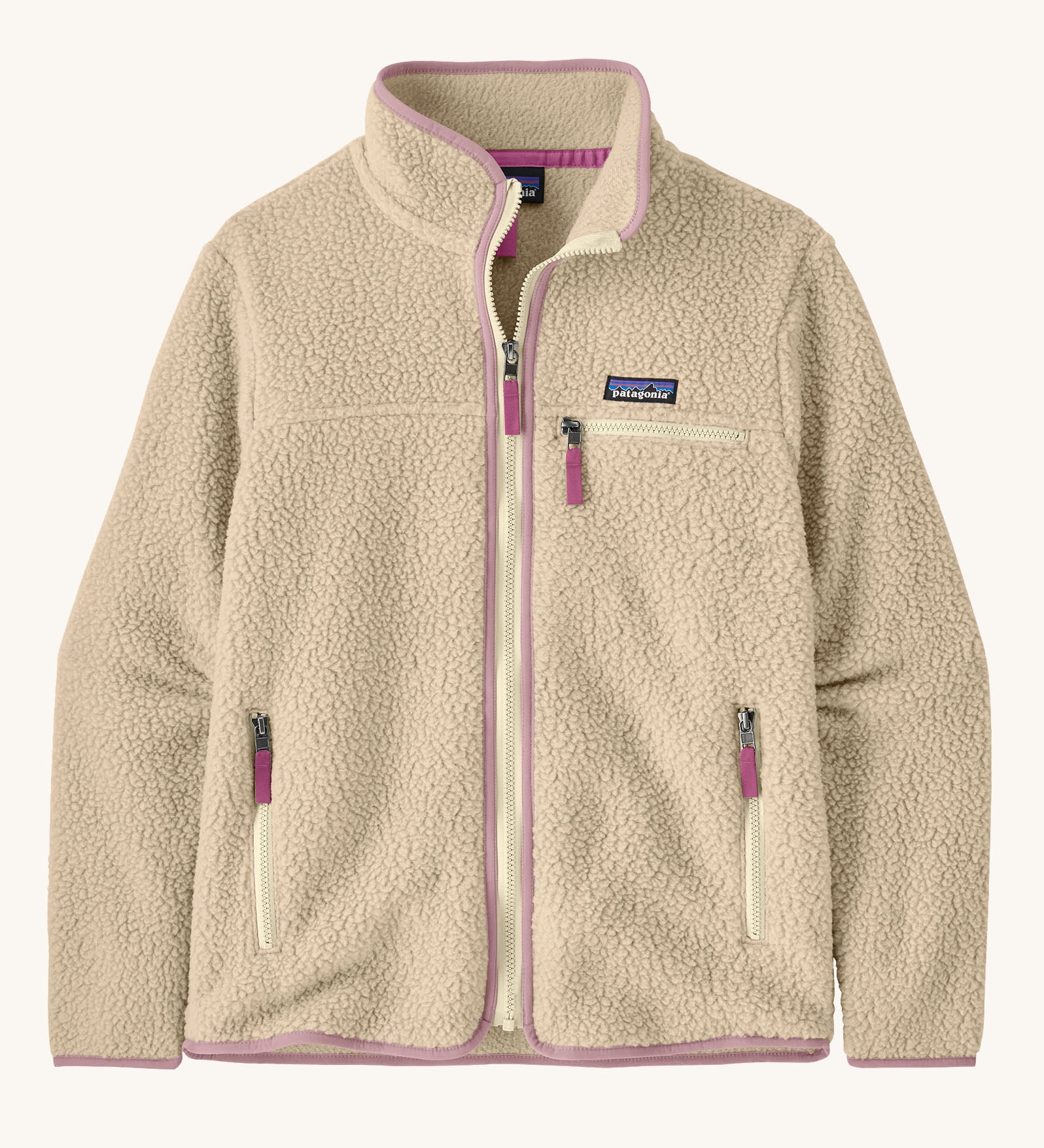 Patagonia Women's thick fleece jacket in a cream colour with light purple trim. Features a full length front zip, side pockets and a zipped chest pocket