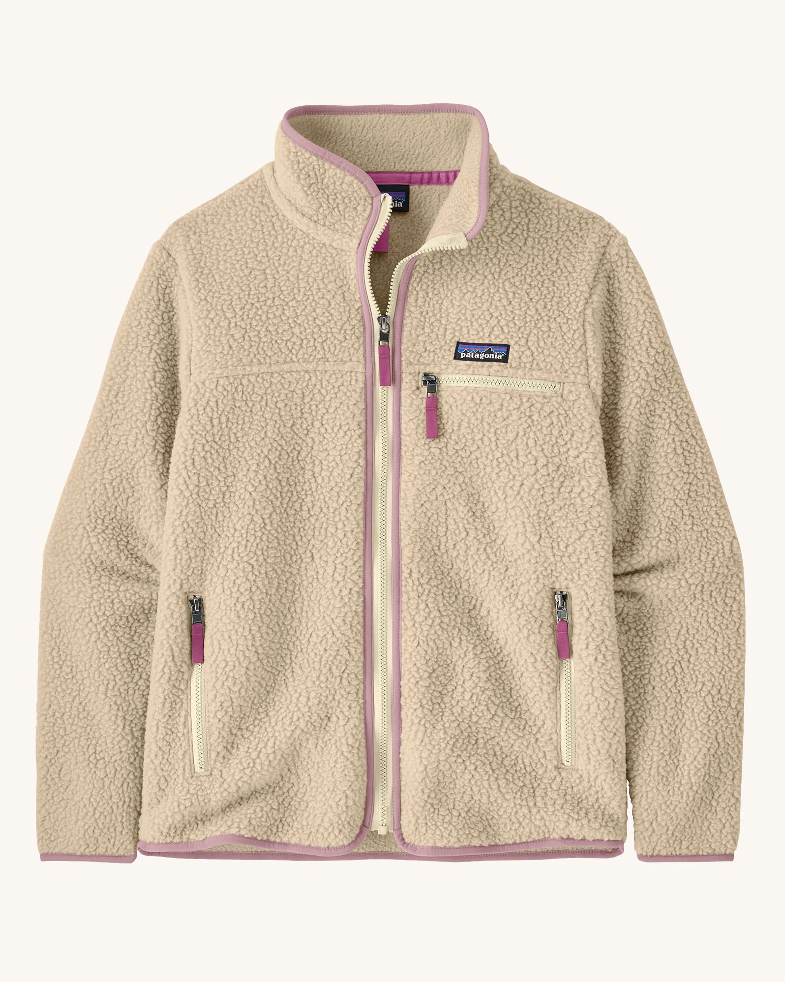 Patagonia Women's thick fleece jacket in a cream colour with light purple trim. Features a full length front zip, side pockets and a zipped chest pocket