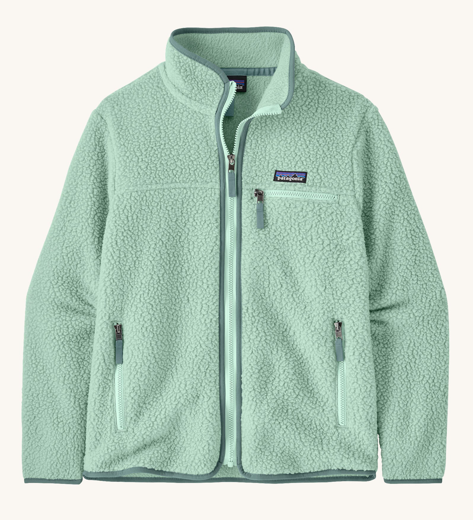 Patagonia women's thick fleece in light blue with a full length front zip, side pockets and a zipped chest pocket