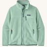 Patagonia women's thick fleece in light blue with a full length front zip, side pockets and a zipped chest pocket