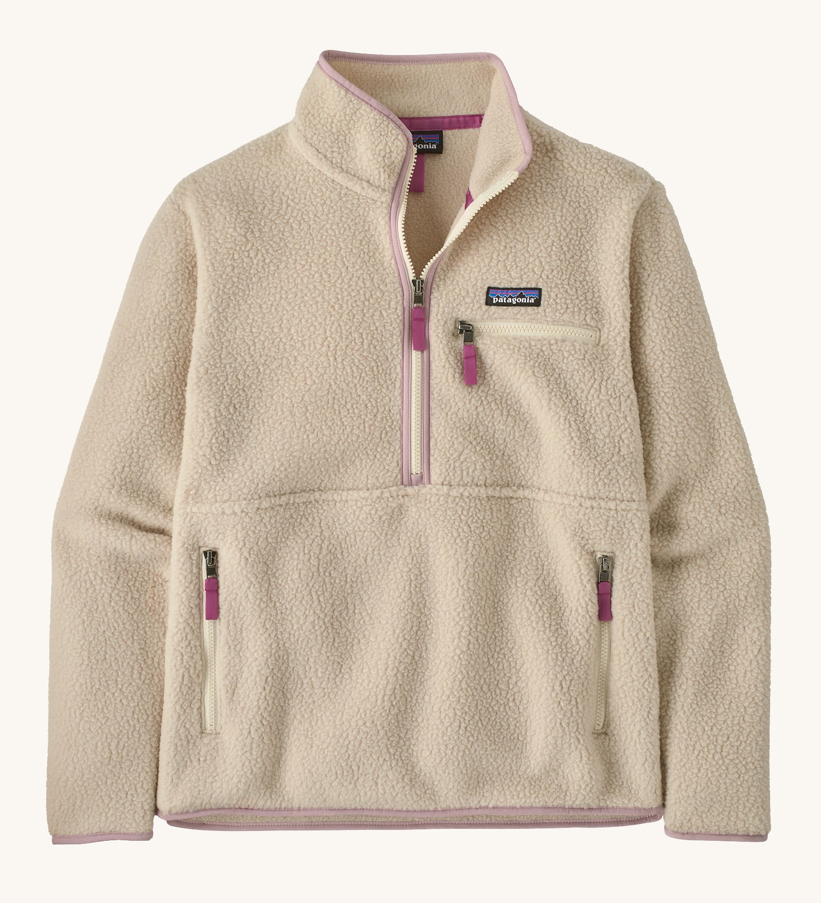 Patagonia women's thick fleece jacket in light cream. Features a half length front zip with side and chest pockets.