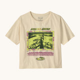 Patagonia women's easy cut short sleeve t-shirt in cream with retro run like roots graphic on the front