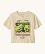 Patagonia women's easy cut short sleeve t-shirt in cream with retro run like roots graphic on the front