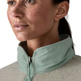 Close up of a woman wearing Patagonia women's synchilla fleece jacket in light grey blue collar trim