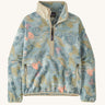 Patagonia women's synchilla fleece jacket with an abstract pastel retro design. Features a half length front zip and side pockets.
