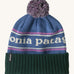 Patagonia adult powder town beanie in park stripe and barnacle blue colourway. A softknit style hat in light blue with brand name across the middle with matching blue and purple pom pom. Features a dark green turn up brim with brand patch stiched on the side