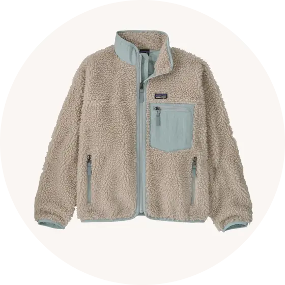 Button for Patagonia Kids' Hoodies and Fleeces collection at Babipur, with Kids Retro-X® Fleece Jacket in Natural with Virtually Blue representing the page. 
