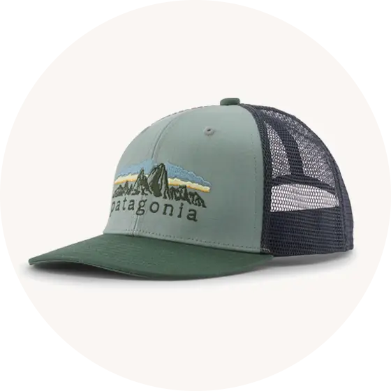 Button for Patagonia Kids' hats, caps, and gloves collection at Babipur, with P-6 Trucker Hat in Sage Blue representing the page. 