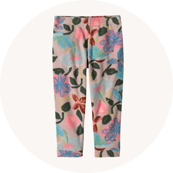 Button for Patagonia Kids' trousers and shorts collection at Babipur, with Baby Micro D® Bottoms in Hopes and Blooms: Fuzzy Mauve representing the page. 