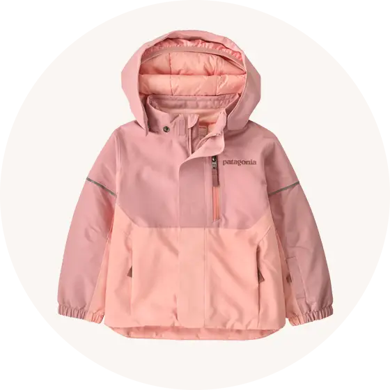 Button for Patagonia Kids' coats and outerwear collection at Babipur, with  the Baby Snow Pile Jacket in Fuzzy Mauve representing the page. 