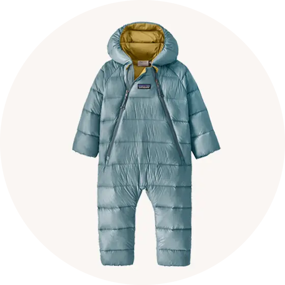 Button for Patagonia Kids' Snow suits and overalls collection at Babipur, with Infant Hi-Loft Down Sweater™ Bunting Pram Suit in Blue Sage representing the page. 
