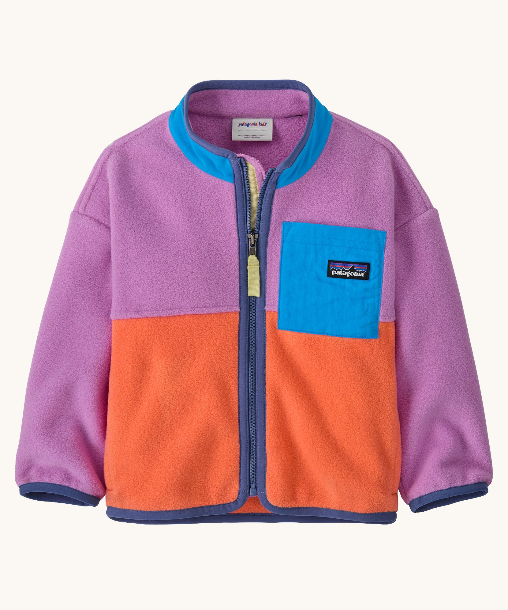Patagonia little kids synchilla fleece in brisk purple available at Babipur. A 100% recycled polyester soft fleece jacket in bright purple and orange with purple trim. Features a full length zip and a blue chest pocket