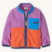 Patagonia little kids synchilla fleece in brisk purple available at Babipur. A 100% recycled polyester soft fleece jacket in bright purple and orange with purple trim. Features a full length zip and a blue chest pocket
