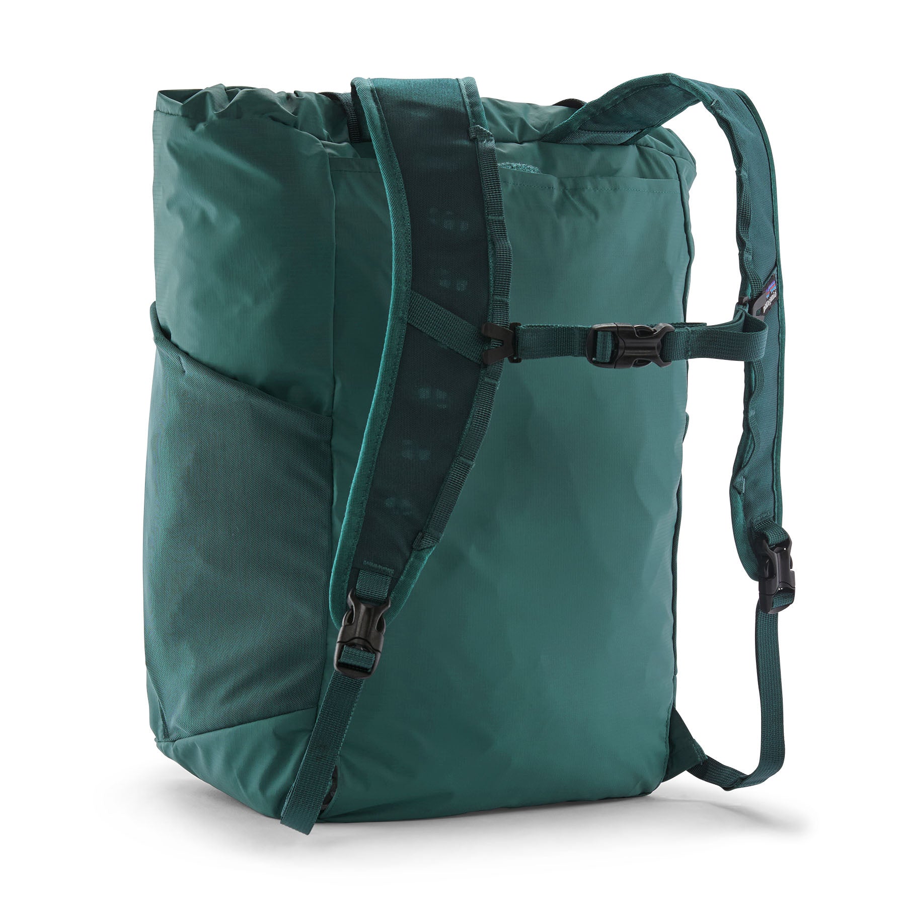 Back view of the Patagonia Terravia tote bag in cascade green colour showing the grey strap detail with buckle for fastening. Features side pockets for holding bottles.