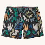 Patagonia quick drying women's baggies shorts in black with repeating abstract design. Shows 2 front pockets