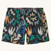 Patagonia quick drying women's baggies shorts in black with repeating abstract design. Shows 2 front pockets