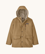 The Patagonia Kids Infurno Fleece-lined jacket, in soft beige with large square pockets and a warm hood