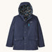 The Kids infurno fleece-lined coat from Patagonia, with a patterned inner lining and a navy outer.