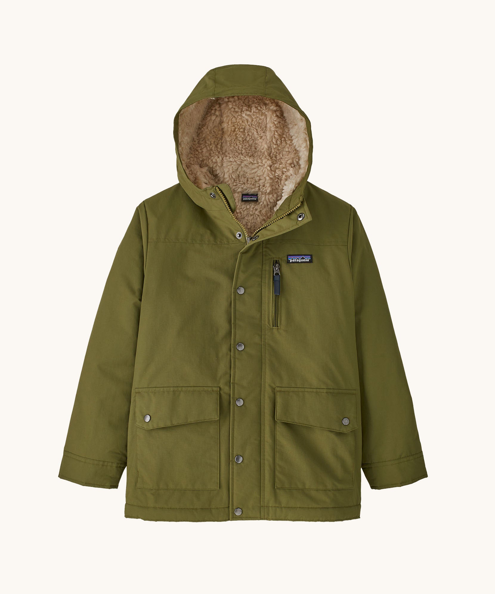 The Patagonia Kids infurno fleece-lined coat - large wind proof coat with warm cream fleece inside