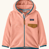 Patagonia 100% recycled polyester little kids micro d snap t hooded jacket in pink with teal trim showing full length front zip, side and brown flap chest pocket