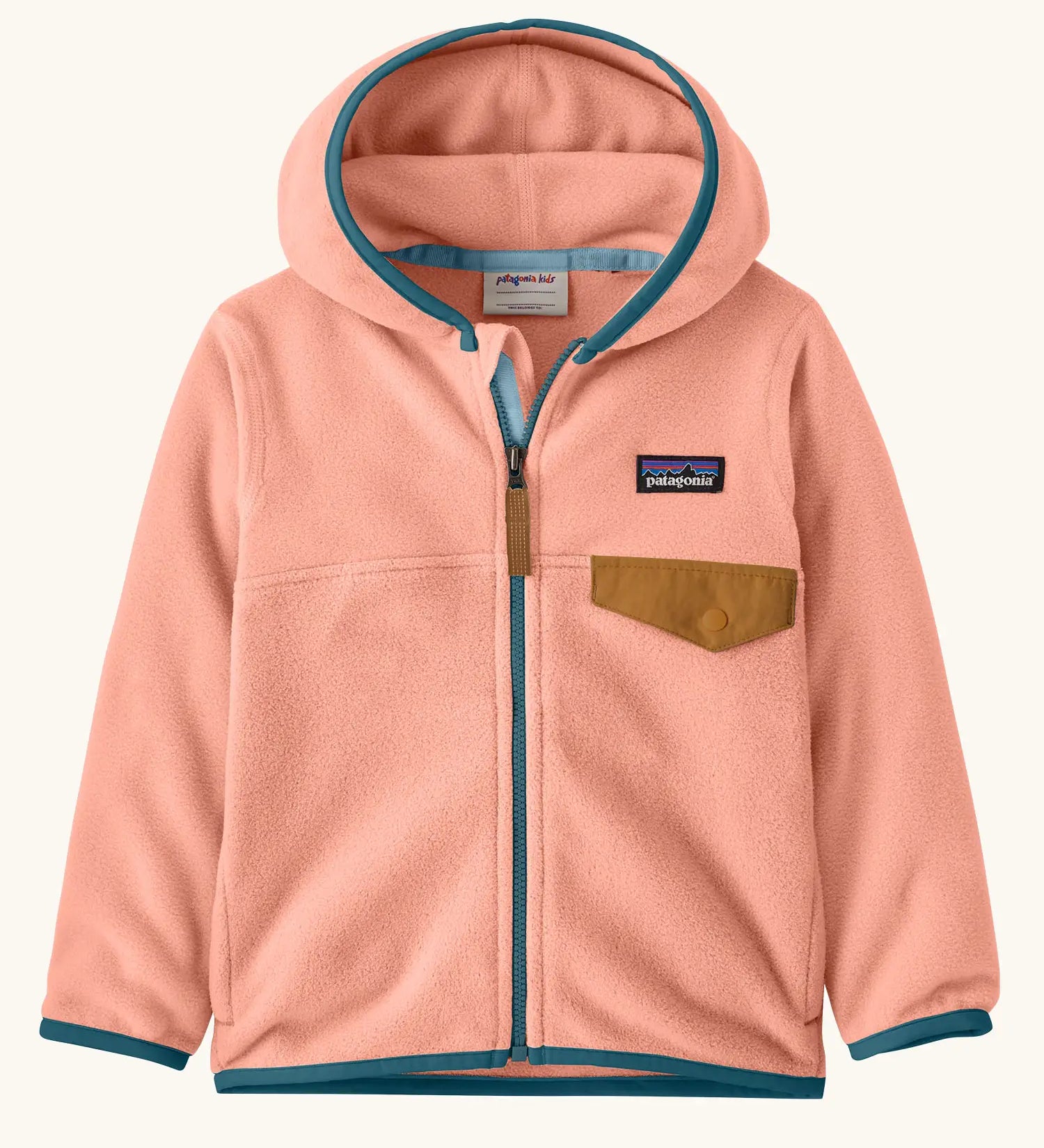 Patagonia 100% recycled polyester little kids micro d snap t hooded jacket in pink with teal trim showing full length front zip, side and brown flap chest pocket