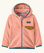 Patagonia 100% recycled polyester little kids micro d snap t hooded jacket in pink with teal trim showing full length front zip, side and brown flap chest pocket