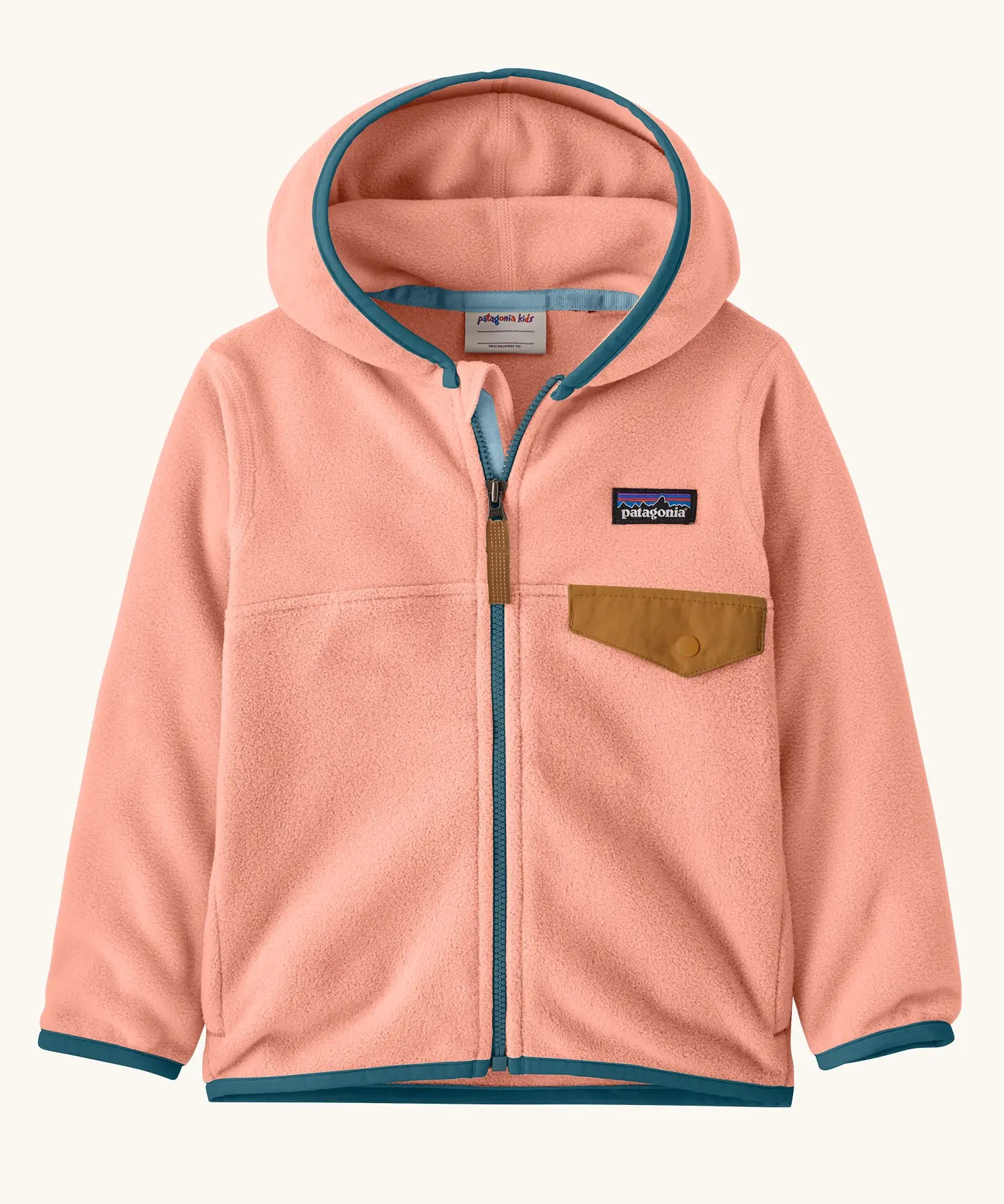 Patagonia 100% recycled polyester little kids micro d snap t hooded jacket in pink with teal trim showing full length front zip, side and brown flap chest pocket