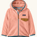 Patagonia 100% recycled polyester little kids micro d snap t hooded jacket in pink with teal trim showing full length front zip, side and brown flap chest pocket