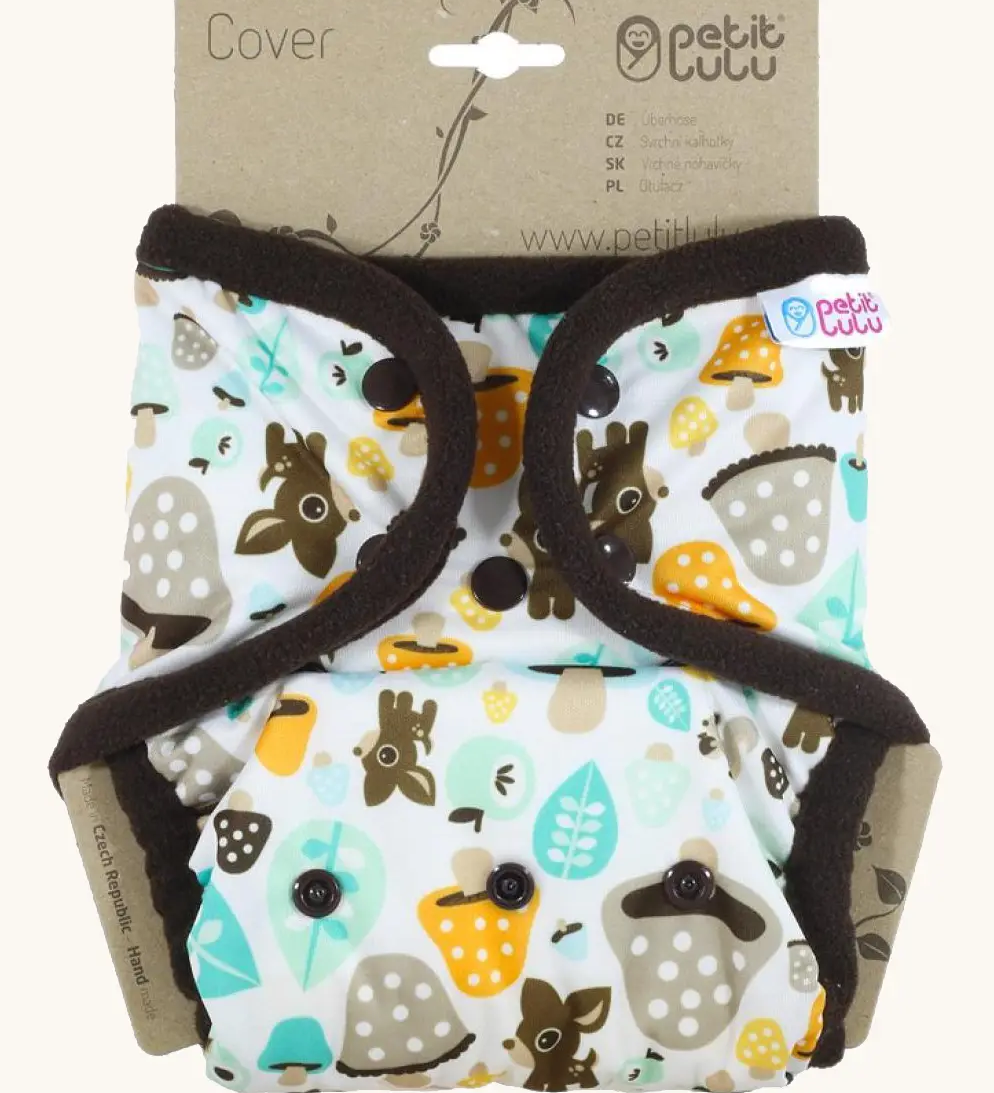 Petit Lulu Waterproof Cover for Reusable Nappy in Mushrooms print with poppers.