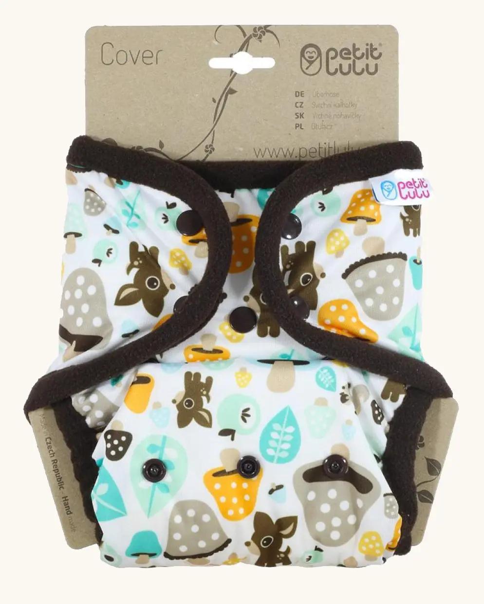 Petit Lulu Waterproof Cover for Reusable Nappy in Mushrooms print with poppers.
