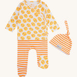 Piccalilly Lion 3 Piece Baby Set. Inclues a wrap around top with a cheerful lion print. Footed trousers with orange and white stripes, and a cheerful lion print footing. And an orange and white stripe hat
