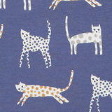 A close up of the cat print on the inner liner of the Pigeon Organics baby jacket in velvet blue available at Babipur