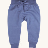 Pigeon Organics sweatpants - GOTS organic cotton sweatpants velvet blue colour. Features an elasticated waist band and leg cuff for a comfortable fit. 