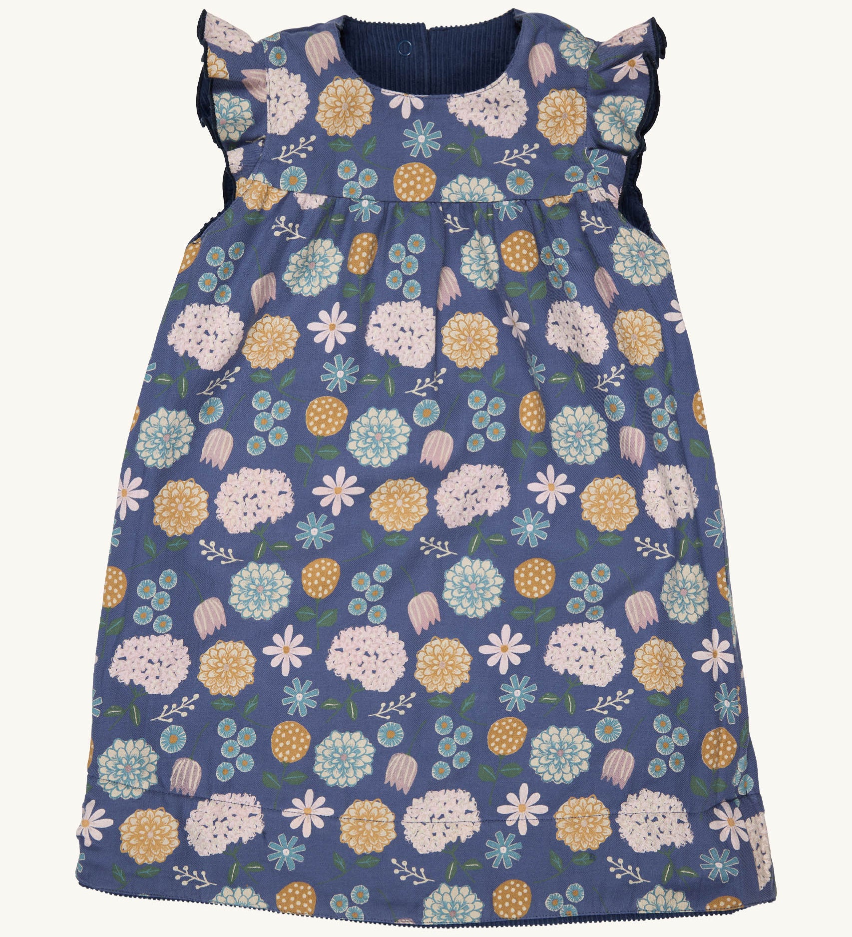 Pigeon Organics reversible Winter shift dress in navy available at Babipur - GOTS organic cotton sleeveless dress with a winter floral design and navy reversible side