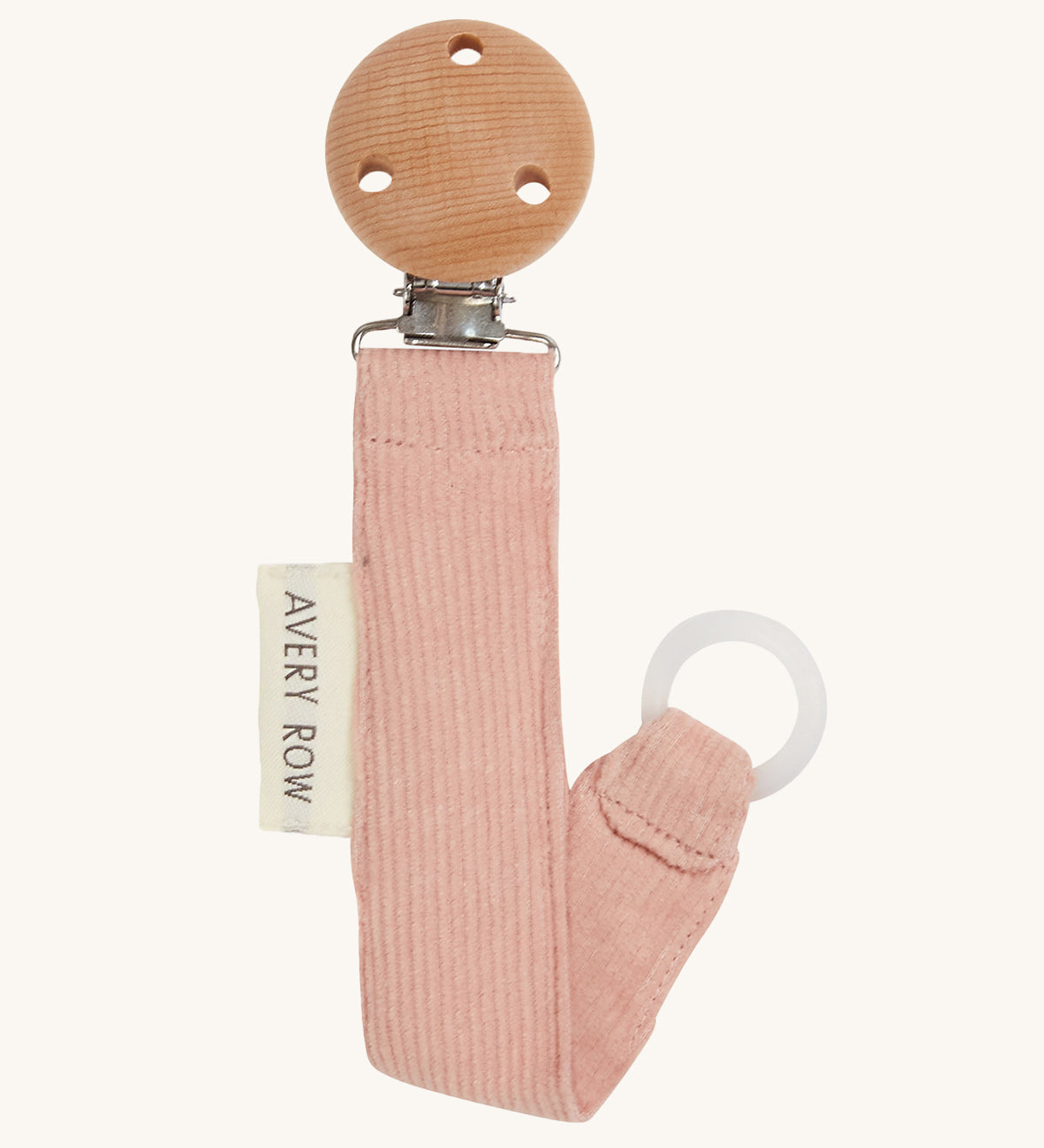 Avery Row Pacifier Holder - Pink, showing the silicone ring and wooden clip