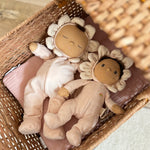 The Olli Ella Limited Edition Blossom Buds Gift Set - Gardenia, showing the Tootsie Gardenia & Dinky Dinkum Doll - Gracie Gardenia laid inside an Olli Ella Strolley 