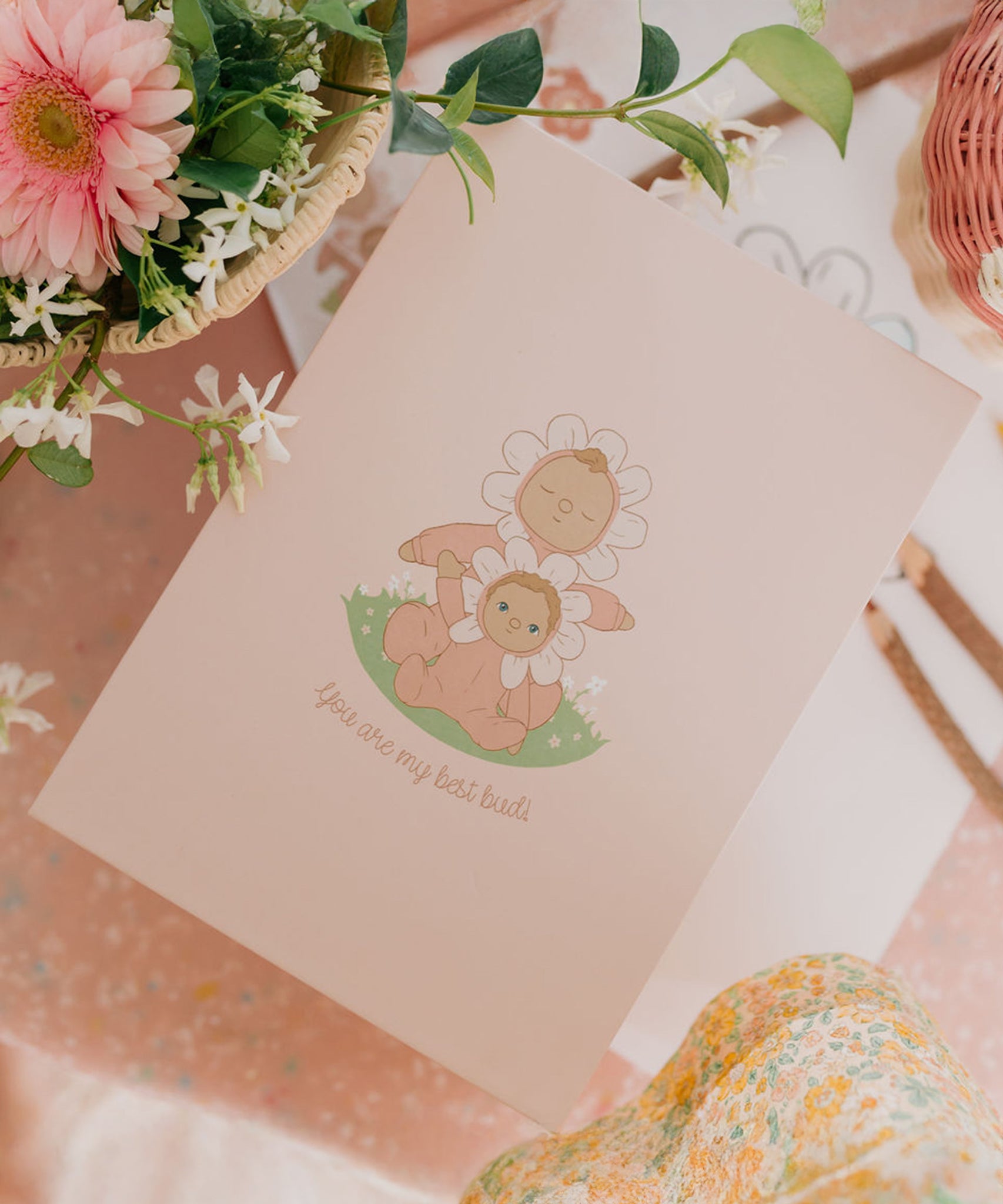The Olli Ella Limited Edition Blossom Buds Gift Set - Tulip box on a pink background with flowers