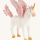 A closer look at the The Green Rubber Toys Rainbow Pegasus with a white body and pink details on the wings, tails and mane and golden hooves and horn.