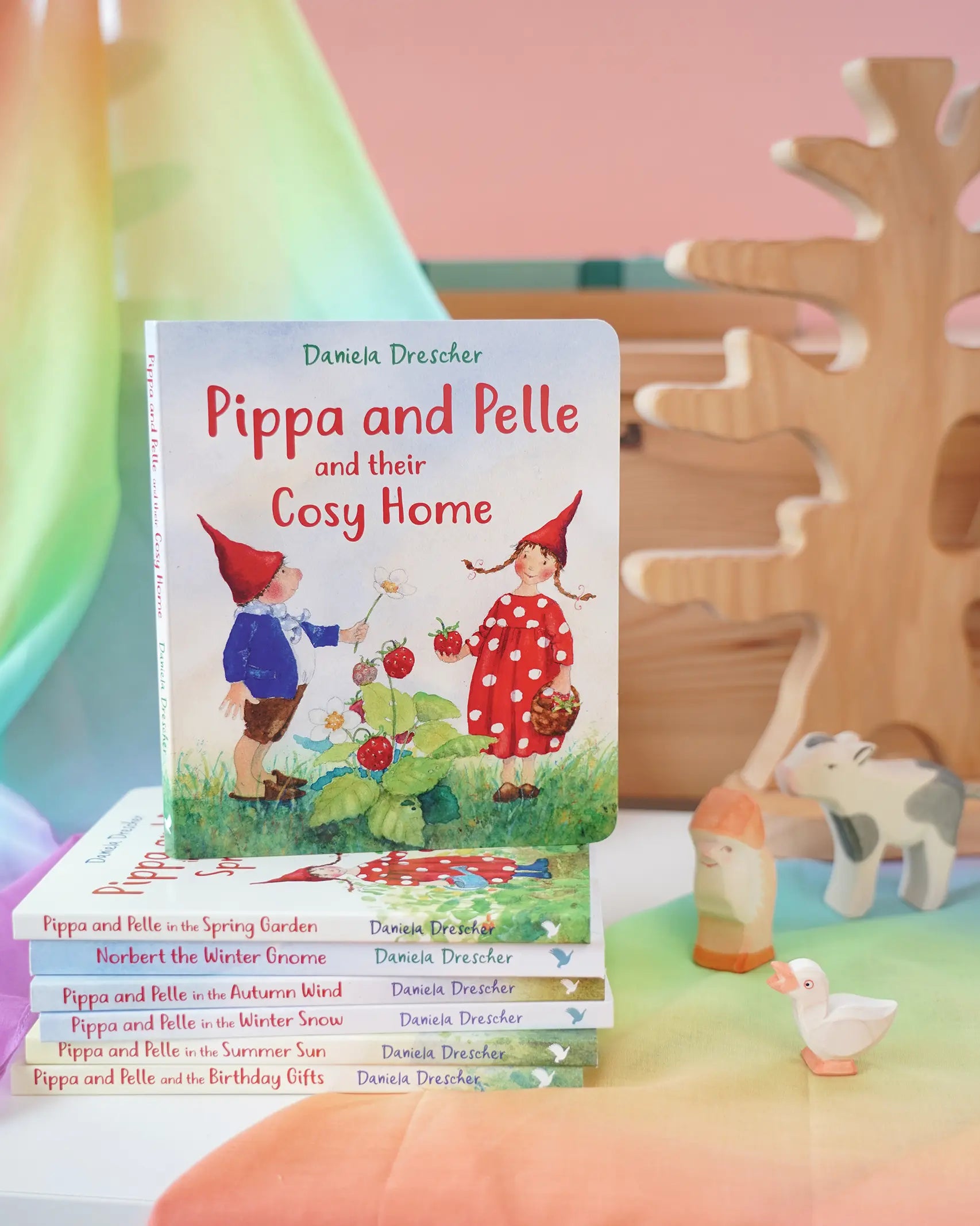 Pippa and Pelle cosy home children's board book by Daniela Drescher, stacked in the Babipur playroom with other books from that series.