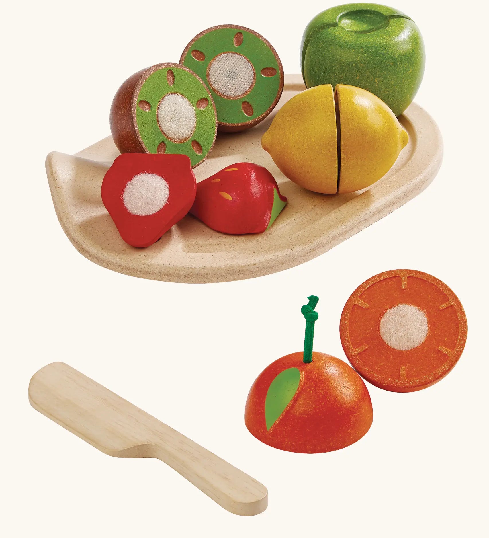 PlanToys wooden assorted fruit set. Includes different fruit to cut pieces, serving tray and knife