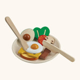 PlanToys wooden breakfast menu play set. Includes a dish, cutlery and play food pieces