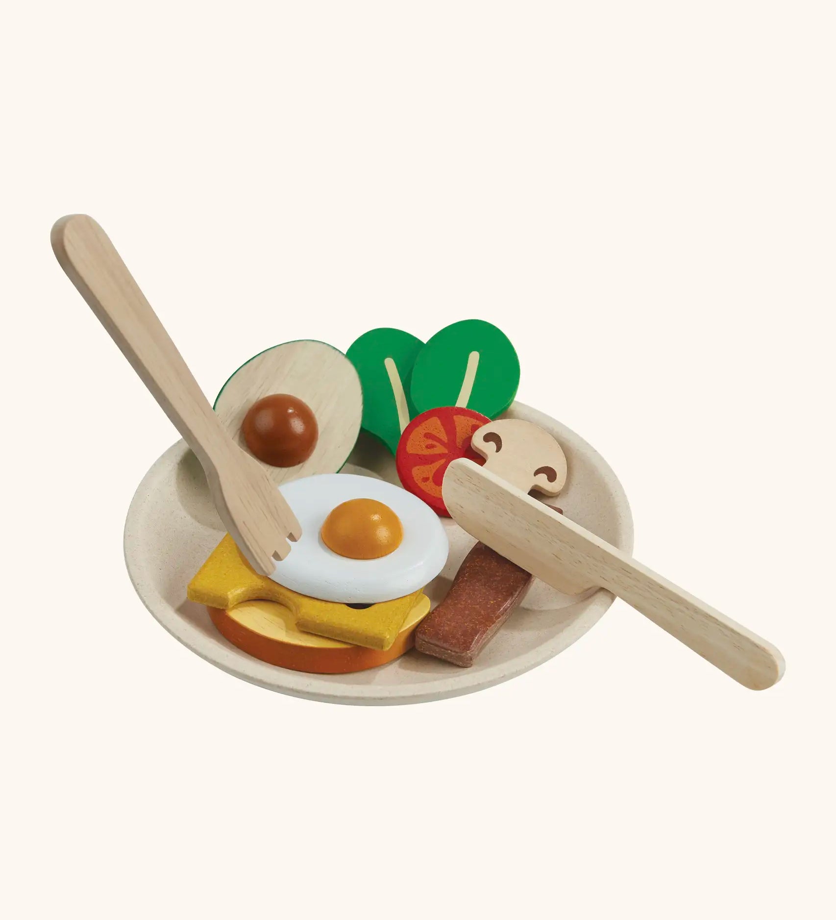 PlanToys wooden breakfast menu play set. Includes a dish, cutlery and play food pieces