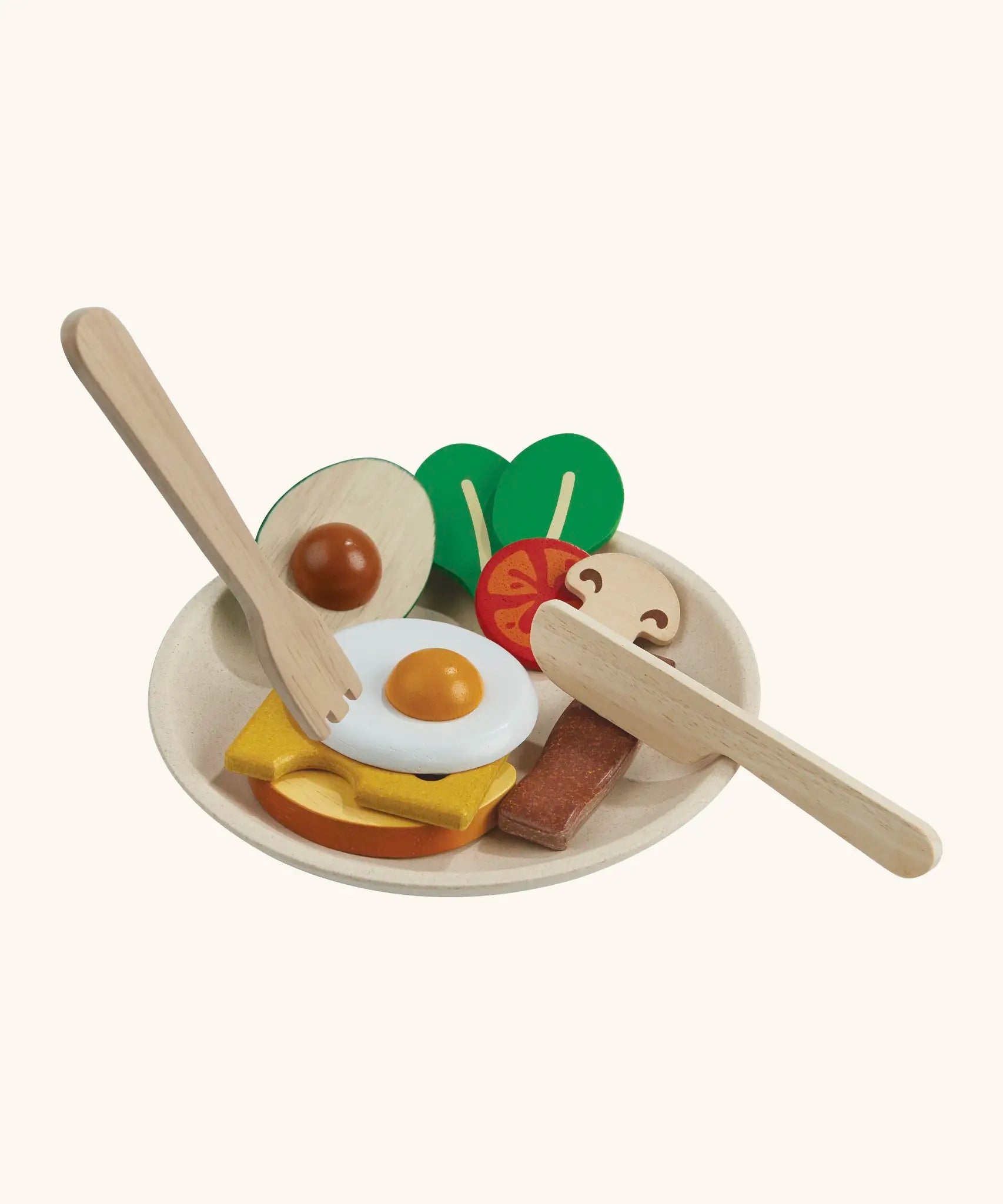 PlanToys wooden breakfast menu play set. Includes a dish, cutlery and play food pieces