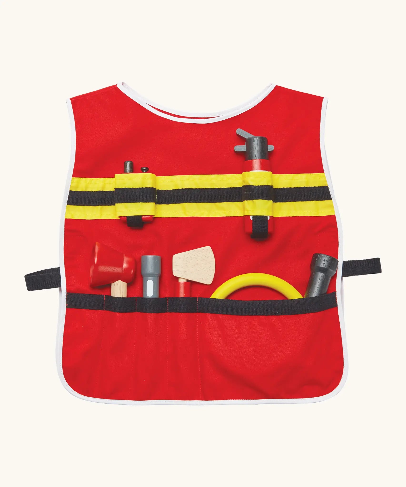 PlanToys fire fighter play set showing the utility vest with different accessories in the pockets