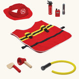 PlanToys fire fighter set. Includes a utility vest, pretend cotton helmet and other accessories. 