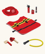 PlanToys fire fighter set. Includes a utility vest, pretend cotton helmet and other accessories. 