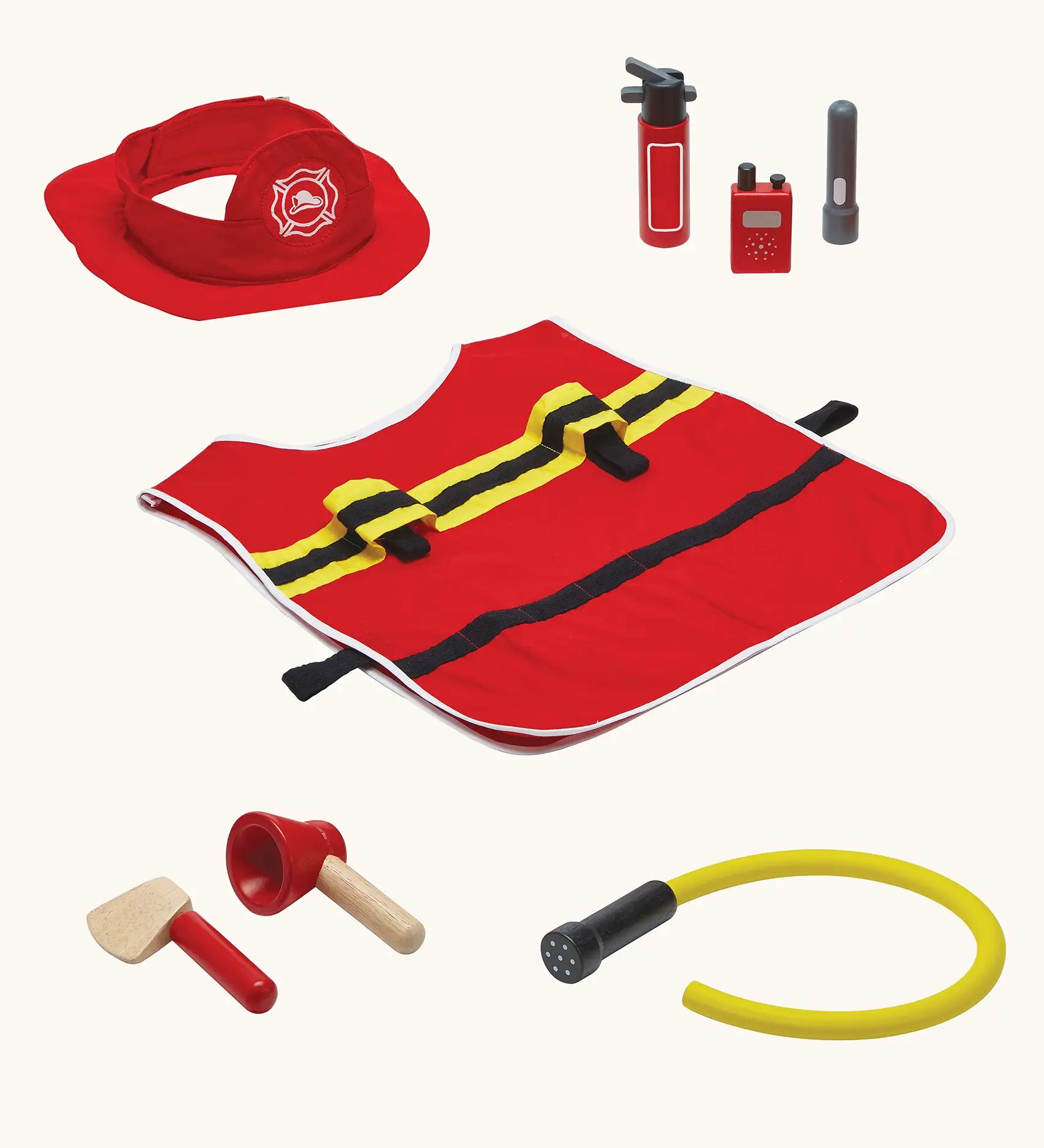 PlanToys fire fighter set. Includes a utility vest, pretend cotton helmet and other accessories. 