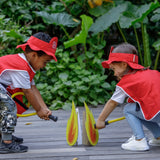 Children pretend playing wearing the vest, hat from the PlanToys fire fighter set and holding the hose